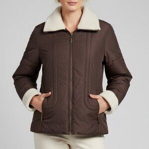 Style & Co Sport Brown Quilted Jacket Faux Shearling Collar Size Medium